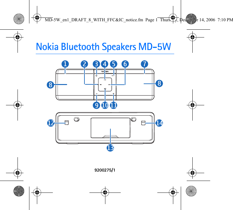 Nokia Bluetooth Speakers MD-5W9200275/11213910 115887146432MD-5W_en1_DRAFT_8_WITH_FFC&amp;IC_notice.fm  Page 1  Thursday, December 14, 2006  7:10 PM
