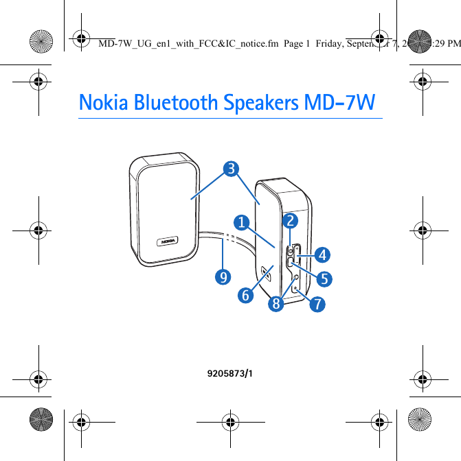 Nokia Bluetooth Speakers MD-7W9205873/152498763MD-7W_UG_en1_with_FCC&amp;IC_notice.fm  Page 1  Friday, September 7, 2007  8:29 PM