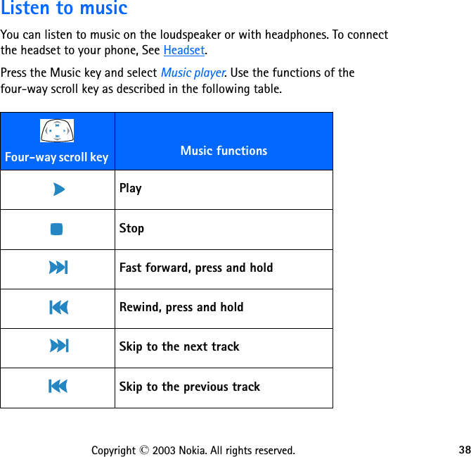 38Copyright © 2003 Nokia. All rights reserved.Listen to musicYou can listen to music on the loudspeaker or with headphones. To connect the headset to your phone, See Headset.Press the Music key and select Music player. Use the functions of the  four-way scroll key as described in the following table.Four-way scroll key  Music functions PlayStopFast forward, press and holdRewind, press and holdSkip to the next trackSkip to the previous track