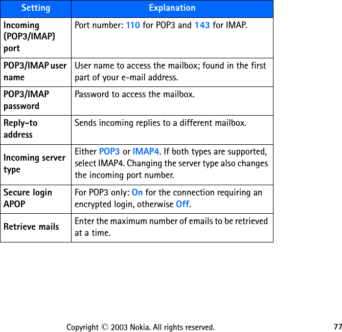 77Copyright © 2003 Nokia. All rights reserved.Incoming (POP3/IMAP) portPort number: 110  for POP3 and 143 for IMAP.POP3/IMAP user nameUser name to access the mailbox; found in the first part of your e-mail address.POP3/IMAP passwordPassword to access the mailbox.Reply-to addressSends incoming replies to a different mailbox.Incoming server typeEither POP3 or IMAP4. If both types are supported, select IMAP4. Changing the server type also changes the incoming port number.Secure login APOPFor POP3 only: On for the connection requiring an encrypted login, otherwise Off.Retrieve mails Enter the maximum number of emails to be retrieved at a time.Setting Explanation