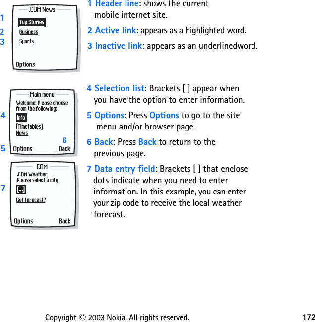 172Copyright © 2003 Nokia. All rights reserved.1 Header line: shows the current    mobile internet site.2 Active link: appears as a highlighted word.3 Inactive link: appears as an underlinedword.    4 Selection list: Brackets [ ] appear when    you have the option to enter information.5 Options: Press Options to go to the site     menu and/or browser page.6 Back: Press Back to return to the    previous page.7 Data entry field: Brackets [ ] that enclose         dots indicate when you need to enter                 information. In this example, you can enter          your zip code to receive the local weather           forecast.1234576