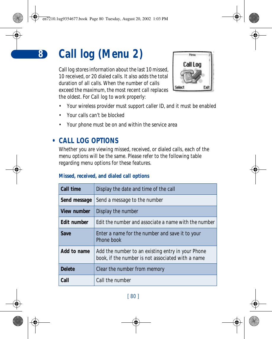 [ 80 ]8Call log (Menu 2) Call log stores information about the last 10 missed, 10 received, or 20 dialed calls. It also adds the total duration of all calls. When the number of calls exceed the maximum, the most recent call replaces the oldest. For Call log to work properly:•Your wireless provider must support caller ID, and it must be enabled•Your calls can’t be blocked•Your phone must be on and within the service area • CALL LOG OPTIONSWhether you are viewing missed, received, or dialed calls, each of the menu options will be the same. Please refer to the following table regarding menu options for these features.Missed, received, and dialed call optionsCall time Display the date and time of the callSend message Send a message to the numberView number Display the numberEdit number Edit the number and associate a name with the numberSave Enter a name for the number and save it to your Phone bookAdd to name Add the number to an existing entry in your Phone book, if the number is not associated with a nameDelete Clear the number from memoryCall Call the numberen7210.1ug9354677.book  Page 80  Tuesday, August 20, 2002  1:03 PM