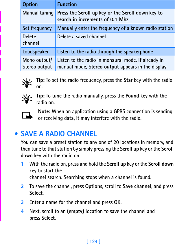 [ 124 ]Tip: To set the radio frequency, press the Star key with the radio on.Tip: To tune the radio manually, press the Pound key with the radio on.Note: When an application using a GPRS connection is sending or receiving data, it may interfere with the radio. • SAVE A RADIO CHANNELYou can save a preset station to any one of 20 locations in memory, and then tune to that station by simply pressing the Scroll up key or the Scroll down key with the radio on.1With the radio on, press and hold the Scroll up key or the Scroll down key to start the channel search. Searching stops when a channel is found. 2To save the channel, press Options, scroll to Save channel, and press Select.3Enter a name for the channel and press OK. 4Next, scroll to an (empty) location to save the channel and press Select.Manual tuning Press the Scroll up key or the Scroll down key to search in increments of 0.1 MhzSet frequency Manually enter the frequency of a known radio stationDelete channelDelete a saved channelLoudspeaker Listen to the radio through the speakerphoneMono output/Stereo outputListen to the radio in monaural mode. If already in manual mode, Stereo output appears in the displayOption Function