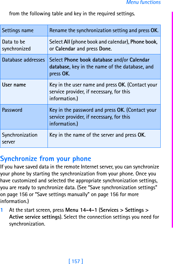 [ 157 ]Menu functionsfrom the following table and key in the required settings.Synchronize from your phoneIf you have saved data in the remote Internet server, you can synchronize your phone by starting the synchronization from your phone. Once you have customized and selected the appropriate synchronization settings, you are ready to synchronize data. (See “Save synchronization settings” on page 156 or “Save settings manually” on page 156 for more information.)1At the start screen, press Menu 14-4-1 (Services &gt; Settings &gt; Active service settings). Select the connection settings you need for synchronization.Settings name Rename the synchronization setting and press OK.Data to be synchronizedSelect All (phone book and calendar), Phone book, or Calendar and press Done.Database addresses Select Phone book database and/or Calendar database, key in the name of the database, and press OK.User name Key in the user name and press OK. (Contact your service provider, if necessary, for this information.)Password Key in the password and press OK. (Contact your service provider, if necessary, for this information.)Synchronization serverKey in the name of the server and press OK.