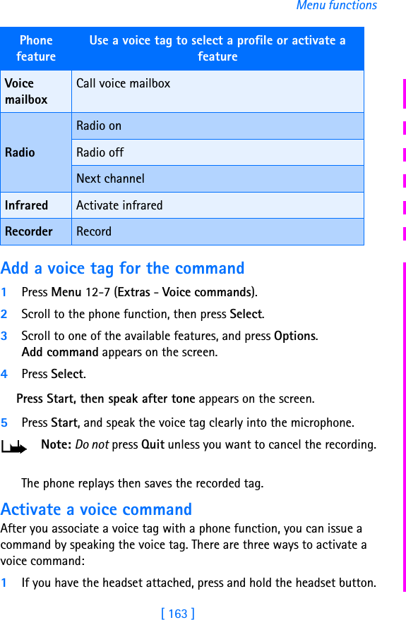 [ 163 ]Menu functionsAdd a voice tag for the command1Press Menu 12-7 (Extras - Voice commands).2Scroll to the phone function, then press Select.3Scroll to one of the available features, and press Options. Add command appears on the screen. 4Press Select.Press Start, then speak after tone appears on the screen.5Press Start, and speak the voice tag clearly into the microphone.Note: Do not press Quit unless you want to cancel the recording.The phone replays then saves the recorded tag.Activate a voice commandAfter you associate a voice tag with a phone function, you can issue a command by speaking the voice tag. There are three ways to activate a voice command:1If you have the headset attached, press and hold the headset button.Voice mailboxCall voice mailboxRadioRadio onRadio offNext channelInfrared Activate infraredRecorder RecordPhone featureUse a voice tag to select a profile or activate a feature