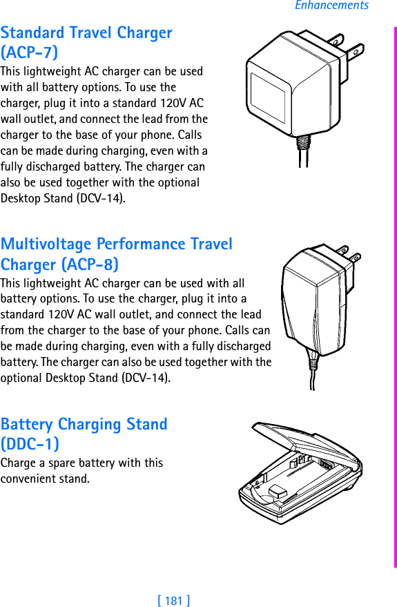 [ 181 ]EnhancementsStandard Travel Charger (ACP-7)This lightweight AC charger can be used with all battery options. To use the charger, plug it into a standard 120V AC wall outlet, and connect the lead from the charger to the base of your phone. Calls can be made during charging, even with a fully discharged battery. The charger can also be used together with the optional Desktop Stand (DCV-14).Multivoltage Performance Travel Charger (ACP-8)This lightweight AC charger can be used with all battery options. To use the charger, plug it into a standard 120V AC wall outlet, and connect the lead from the charger to the base of your phone. Calls can be made during charging, even with a fully discharged battery. The charger can also be used together with the optional Desktop Stand (DCV-14).Battery Charging Stand (DDC-1)Charge a spare battery with this convenient stand.