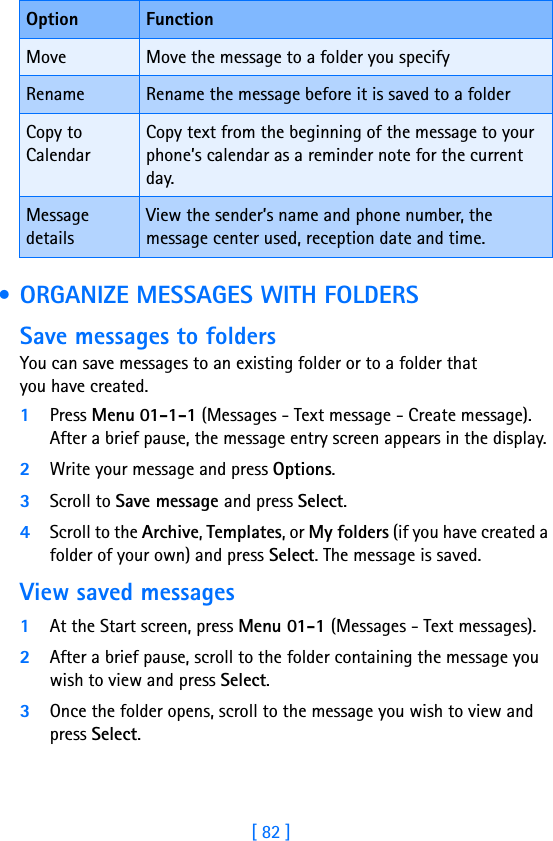 [ 82 ] • ORGANIZE MESSAGES WITH FOLDERSSave messages to foldersYou can save messages to an existing folder or to a folder that you have created.1Press Menu 01-1-1 (Messages - Text message - Create message). After a brief pause, the message entry screen appears in the display.2Write your message and press Options.3Scroll to Save message and press Select.4Scroll to the Archive, Templates, or My folders (if you have created a folder of your own) and press Select. The message is saved.View saved messages1At the Start screen, press Menu 01-1 (Messages - Text messages).2After a brief pause, scroll to the folder containing the message you wish to view and press Select.3Once the folder opens, scroll to the message you wish to view and press Select.Move Move the message to a folder you specifyRename Rename the message before it is saved to a folderCopy to CalendarCopy text from the beginning of the message to your phone’s calendar as a reminder note for the current day.Message detailsView the sender’s name and phone number, the message center used, reception date and time.Option Function