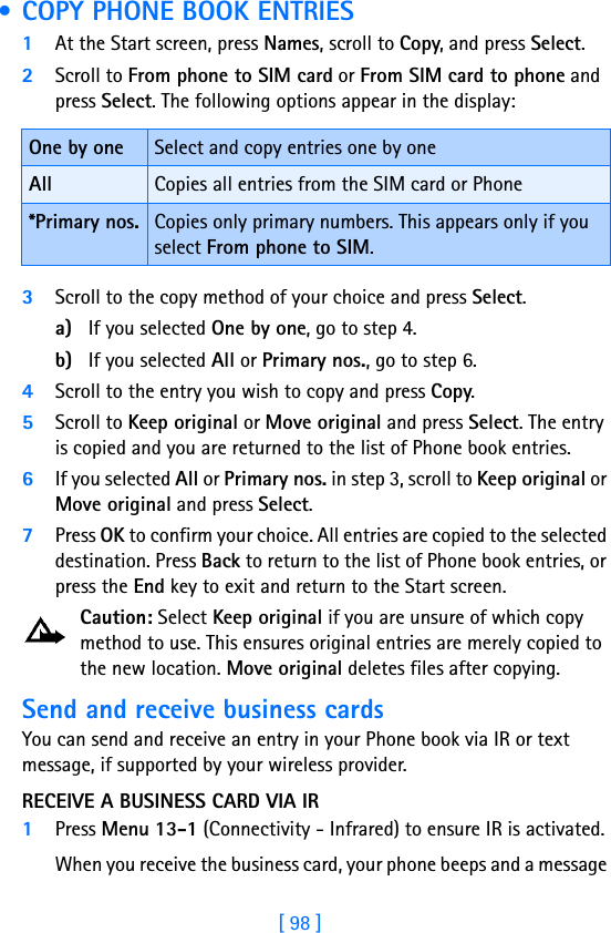 [ 98 ] • COPY PHONE BOOK ENTRIES1At the Start screen, press Names, scroll to Copy, and press Select.2Scroll to From phone to SIM card or From SIM card to phone and press Select. The following options appear in the display:3Scroll to the copy method of your choice and press Select. a) If you selected One by one, go to step 4.b) If you selected All or Primary nos., go to step 6.4Scroll to the entry you wish to copy and press Copy.5Scroll to Keep original or Move original and press Select. The entry is copied and you are returned to the list of Phone book entries.6If you selected All or Primary nos. in step 3, scroll to Keep original or Move original and press Select.7Press OK to confirm your choice. All entries are copied to the selected destination. Press Back to return to the list of Phone book entries, or press the End key to exit and return to the Start screen.Caution: Select Keep original if you are unsure of which copy method to use. This ensures original entries are merely copied to the new location. Move original deletes files after copying.Send and receive business cardsYou can send and receive an entry in your Phone book via IR or text message, if supported by your wireless provider.RECEIVE A BUSINESS CARD VIA IR1Press Menu 13-1 (Connectivity - Infrared) to ensure IR is activated.When you receive the business card, your phone beeps and a message One by one Select and copy entries one by oneAll Copies all entries from the SIM card or Phone*Primary nos. Copies only primary numbers. This appears only if you select From phone to SIM.