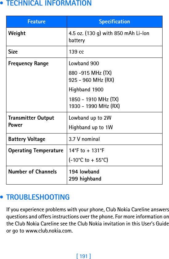[ 191 ]18 • TECHNICAL INFORMATION • TROUBLESHOOTINGIf you experience problems with your phone, Club Nokia Careline answers questions and offers instructions over the phone. For more information on the Club Nokia Careline see the Club Nokia invitation in this User’s Guide or go to www.club.nokia.com.Feature SpecificationWeight 4.5 oz. (130 g) with 850 mAh Li-lon batterySize 139 ccFrequency Range Lowband 900880 -915 MHz (TX)925 - 960 MHz (RX)Highband 19001850 - 1910 MHz (TX)1930 - 1990 MHz (RX)Transmitter Output PowerLowband up to 2WHighband up to 1WBattery Voltage 3.7 V nominalOperating Temperature 14°F to + 131°F(-10°C to + 55°C)Number of Channels 194 lowband299 highband