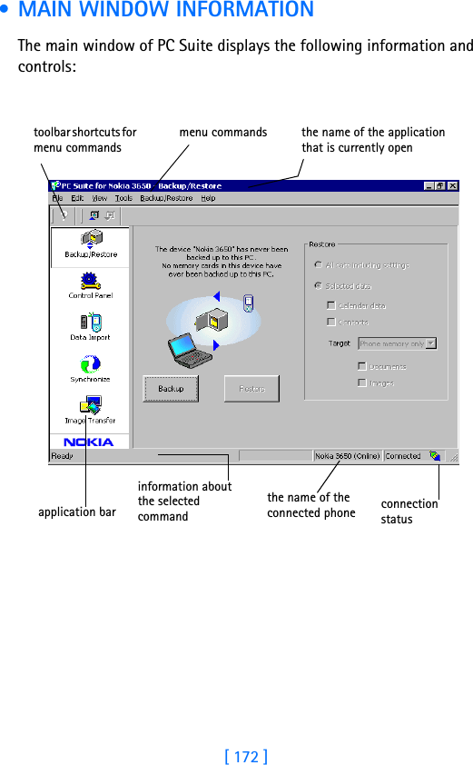 [ 172 ]17 • MAIN WINDOW INFORMATIONThe main window of PC Suite displays the following information and controls:application bartoolbar shortcuts for menu commandsmenu commands the name of the application that is currently openinformation about the selected commandthe name of the connected phone connection status