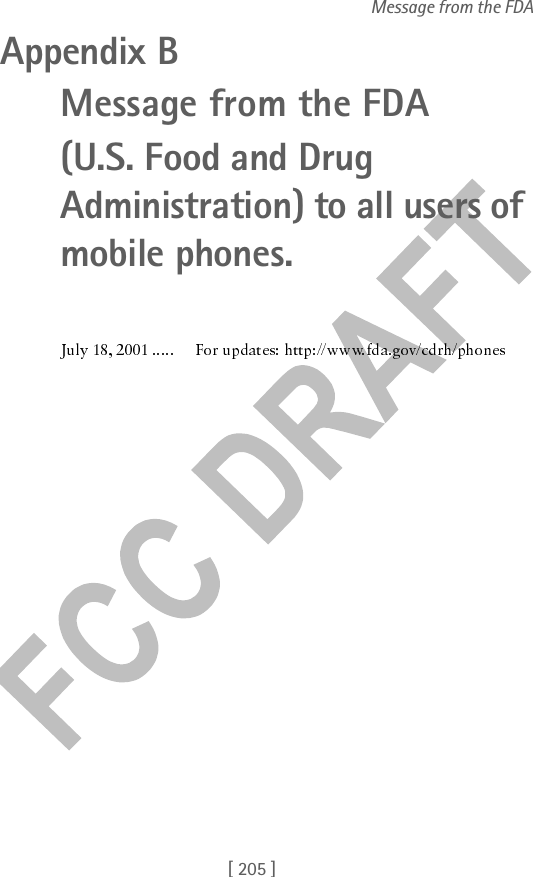 [ 205 ]Message from the FDAAppendix BMessage from the FDA(U.S. Food and Drug Administration) to all users of mobile phones.