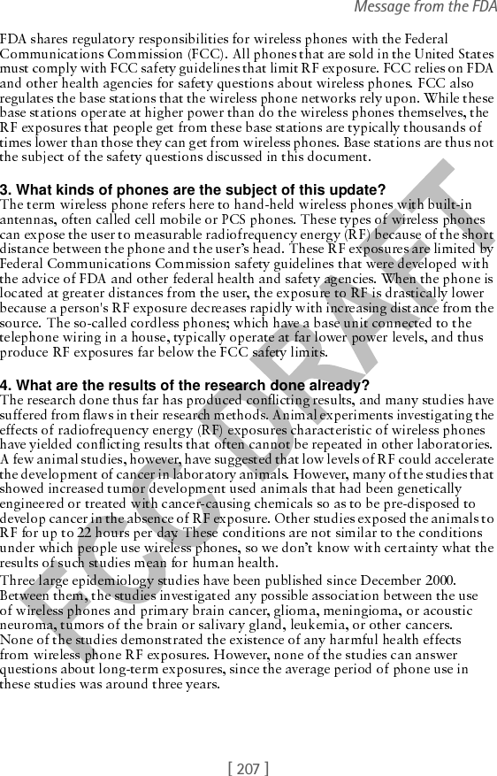 [ 207 ]Message from the FDA3. What kinds of phones are the subject of this update?4. What are the results of the research done already?    