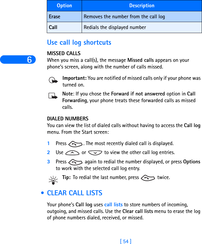 6[ 54 ]Use call log shortcutsMISSED CALLSWhen you miss a call(s), the message Missed calls appears on your phone’s screen, along with the number of calls missed.Important: You are notified of missed calls only if your phone was turned on.Note: If you chose the Forward if not answered option in Call Forwarding, your phone treats these forwarded calls as missed calls. DIALED NUMBERSYou can view the list of dialed calls without having to access the Call log menu. From the Start screen:1Press  . The most recently dialed call is displayed.2Use   or   to view the other call log entries.3Press   again to redial the number displayed, or press Options to work with the selected call log entry.Tip: To redial the last number, press   twice. •CLEAR CALL LISTSYour phone’s Call log uses call lists to store numbers of incoming, outgoing, and missed calls. Use the Clear call lists menu to erase the log of phone numbers dialed, received, or missed. Erase Removes the number from the call logCall Redials the displayed numberOption Description