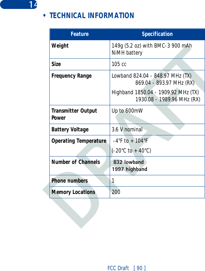 DRAFTFCC Draft   [ 90 ]14 • TECHNICAL INFORMATIONFeature SpecificationWeight 149g (5.2 oz) with BMC-3 900 mAh NiMH batterySize 105 ccFrequency Range Lowband 824.04 - 848.97 MHz (TX)                869.04 - 893.97 MHz (RX)Highband 1850.04 - 1909.92 MHz (TX)                1930.08 - 1989.96 MHz (RX)Transmitter Output Power Up to 600mWBattery Voltage 3.6 V nominalOperating Temperature  -4°F to + 104°F(-20°C to + 40°C)Number of Channels  832 lowband1997 highbandPhone numbers 1Memory Locations 200