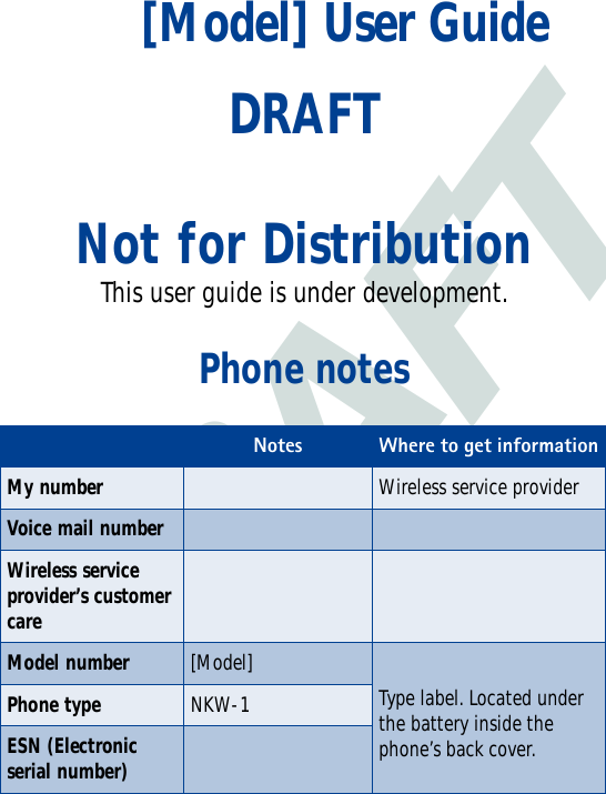 DRAFT  [Model] User GuideDRAFTNot for DistributionThis user guide is under development.Phone notesNotes Where to get informationMy number Wireless service providerVoice mail numberWireless service provider’s customer care Model number [Model]Type label. Located under the battery inside the phone’s back cover.Phone type NKW-1ESN (Electronic serial number) 