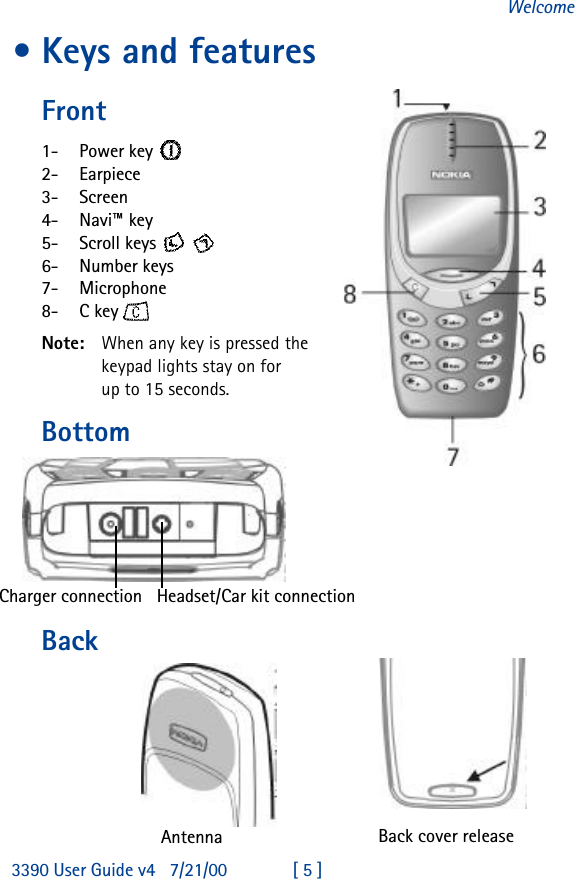 3390 User Guide v4 7/21/00 [ 5 ]Welcome•Keys and featuresFront1-  Power key 2-  Earpiece3-  Screen4-  Navi™ key5-  Scroll keys  6- Number keys7- Microphone8- C key Note: When any key is pressed the keypad lights stay on for up to 15 seconds.BottomBackAntenna Back cover release Charger connection   Headset/Car kit connection