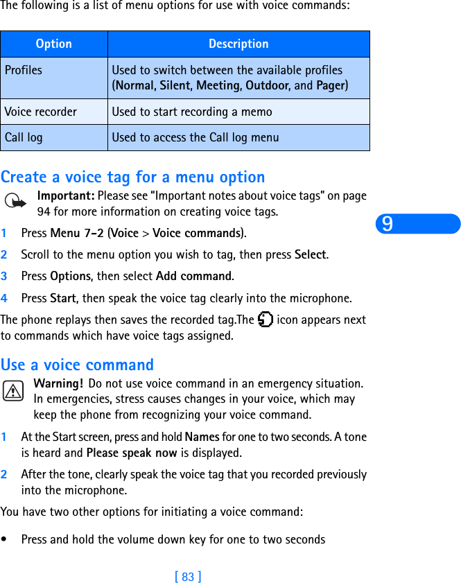 [ 83 ]9The following is a list of menu options for use with voice commands:Create a voice tag for a menu optionImportant: Please see “Important notes about voice tags” on page 94 for more information on creating voice tags.1Press Menu 7-2 (Voice &gt; Voice commands).2Scroll to the menu option you wish to tag, then press Select.3Press Options, then select Add command. 4Press Start, then speak the voice tag clearly into the microphone.The phone replays then saves the recorded tag.The   icon appears next to commands which have voice tags assigned.Use a voice commandWarning! Do not use voice command in an emergency situation. In emergencies, stress causes changes in your voice, which may keep the phone from recognizing your voice command. 1At the Start screen, press and hold Names for one to two seconds. A tone is heard and Please speak now is displayed.2After the tone, clearly speak the voice tag that you recorded previously into the microphone.You have two other options for initiating a voice command:• Press and hold the volume down key for one to two secondsOption DescriptionProfiles Used to switch between the available profiles (Normal, Silent, Meeting, Outdoor, and Pager)Voice recorder Used to start recording a memoCall log Used to access the Call log menu