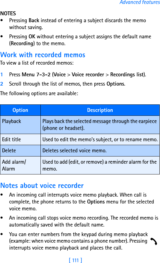 [  111  ]Advanced featuresNOTES• Pressing Back instead of entering a subject discards the memo without saving.• Pressing OK without entering a subject assigns the default name (Recording) to the memo.Work with recorded memosTo view a list of recorded memos:1Press Menu 7-3-2 (Voice &gt; Voice recorder &gt; Recordings list).2Scroll through the list of memos, then press Options.The following options are available:Notes about voice recorder• An incoming call interrupts voice memo playback. When call is complete, the phone returns to the Options menu for the selected voice memo.• An incoming call stops voice memo recording. The recorded memo is automatically saved with the default name.• You can enter numbers from the keypad during memo playback (example: when voice memo contains a phone number). Pressing   interrupts voice memo playback and places the call.Option DescriptionPlayback Plays back the selected message through the earpiece (phone or headset).Edit title Used to edit the memo’s subject, or to rename memo.Delete Deletes selected voice memo.Add alarm/AlarmUsed to add (edit, or remove) a reminder alarm for the memo.