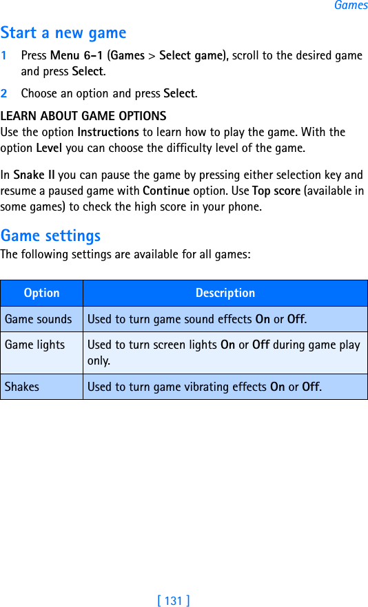 [ 131 ]GamesStart a new game1Press Menu 6-1 (Games &gt; Select game), scroll to the desired game and press Select.2Choose an option and press Select. LEARN ABOUT GAME OPTIONSUse the option Instructions to learn how to play the game. With the option Level you can choose the difficulty level of the game.In Snake II you can pause the game by pressing either selection key and resume a paused game with Continue option. Use Top score (available in some games) to check the high score in your phone.Game settingsThe following settings are available for all games:Option DescriptionGame sounds Used to turn game sound effects On or Off.Game lights Used to turn screen lights On or Off during game play only.Shakes Used to turn game vibrating effects On or Off.