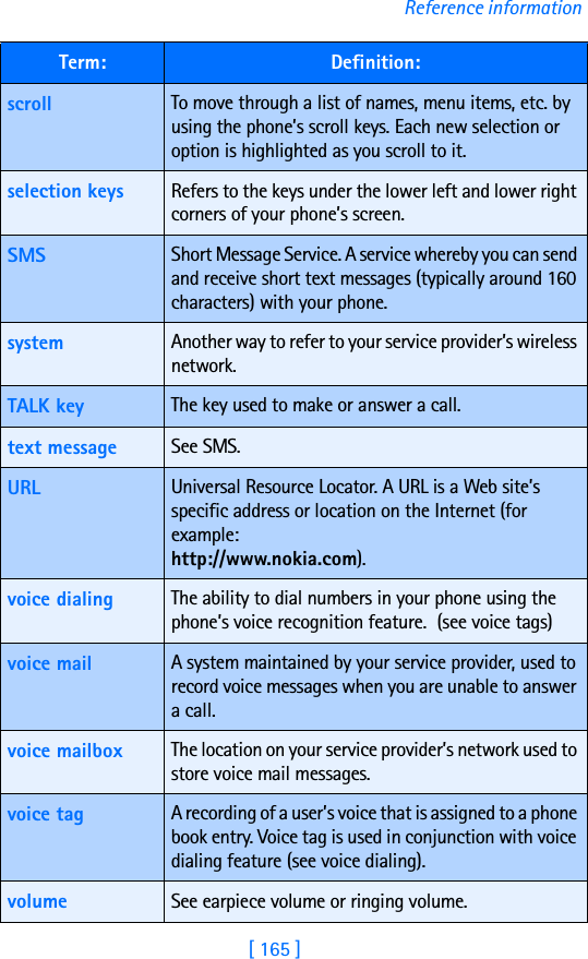 [ 165 ]Reference informationscroll To move through a list of names, menu items, etc. by using the phone’s scroll keys. Each new selection or option is highlighted as you scroll to it.selection keys Refers to the keys under the lower left and lower right corners of your phone’s screen.SMS Short Message Service. A service whereby you can send and receive short text messages (typically around 160 characters) with your phone.system Another way to refer to your service provider’s wireless network.TALK key The key used to make or answer a call.text message See SMS.URL   Universal Resource Locator. A URL is a Web site’s specific address or location on the Internet (for example:  http://www.nokia.com).voice dialing The ability to dial numbers in your phone using the phone’s voice recognition feature.  (see voice tags)voice mail A system maintained by your service provider, used to record voice messages when you are unable to answer a call.voice mailbox   The location on your service provider’s network used to store voice mail messages.voice tag A recording of a user’s voice that is assigned to a phone book entry. Voice tag is used in conjunction with voice dialing feature (see voice dialing).volume See earpiece volume or ringing volume.Term: Definition: