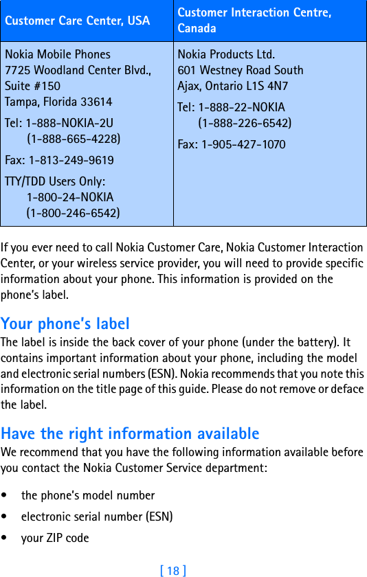 [ 18 ]If you ever need to call Nokia Customer Care, Nokia Customer Interaction Center, or your wireless service provider, you will need to provide specific information about your phone. This information is provided on the phone’s label.Your phone’s labelThe label is inside the back cover of your phone (under the battery). It contains important information about your phone, including the model and electronic serial numbers (ESN). Nokia recommends that you note this information on the title page of this guide. Please do not remove or deface the label. Have the right information availableWe recommend that you have the following information available before you contact the Nokia Customer Service department:• the phone’s model number • electronic serial number (ESN)• your ZIP codeCustomer Care Center, USA Customer Interaction Centre, CanadaNokia Mobile Phones7725 Woodland Center Blvd.,Suite #150Tampa, Florida 33614Tel: 1-888-NOKIA-2U   (1-888-665-4228)Fax: 1-813-249-9619TTY/TDD Users Only: 1-800-24-NOKIA(1-800-246-6542)Nokia Products Ltd.601 Westney Road SouthAjax, Ontario L1S 4N7Tel: 1-888-22-NOKIA(1-888-226-6542)Fax: 1-905-427-1070