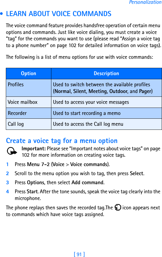 [ 91 ]Personalization • LEARN ABOUT VOICE COMMANDSThe voice command feature provides handsfree operation of certain menu options and commands. Just like voice dialing, you must create a voice “tag” for the commands you want to use (please read “Assign a voice tag to a phone number” on page 102 for detailed information on voice tags).The following is a list of menu options for use with voice commands:Create a voice tag for a menu optionImportant: Please see “Important notes about voice tags” on page 102 for more information on creating voice tags.1Press Menu 7-2 (Voice &gt; Voice commands).2Scroll to the menu option you wish to tag, then press Select.3Press Options, then select Add command. 4Press Start. After the tone sounds, speak the voice tag clearly into the microphone.The phone replays then saves the recorded tag.The   icon appears next to commands which have voice tags assigned.Option DescriptionProfiles Used to switch between the available profiles (Normal, Silent, Meeting, Outdoor, and Pager)Voice mailbox Used to access your voice messagesRecorder Used to start recording a memoCall log Used to access the Call log menu