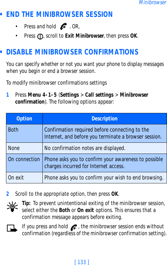 [ 133 ]Minibrowser • END THE MINIBROWSER SESSION• Press and hold  . OR, • Press  , scroll to Exit Minibrowser, then press OK. • DISABLE MINIBROWSER CONFIRMATIONSYou can specify whether or not you want your phone to display messages when you begin or end a browser session.To modify minibrowser confirmations settings1Press Menu 4-1-5 (Settings &gt; Call settings &gt; Minibrowser confirmation). The following options appear:2Scroll to the appropriate option, then press OK.Tip: To prevent unintentional exiting of the minibrowser session, select either the Both or On exit options. This ensures that a confirmation message appears before exiting.If you press and hold  , the minibrowser session ends without confirmation (regardless of the minibrowser confirmation setting).Option DescriptionBoth Confirmation required before connecting to the Internet, and before you terminate a browser session.None No confirmation notes are displayed.On connection Phone asks you to confirm your awareness to possible charges incurred for Internet access.On exit Phone asks you to confirm your wish to end browsing.