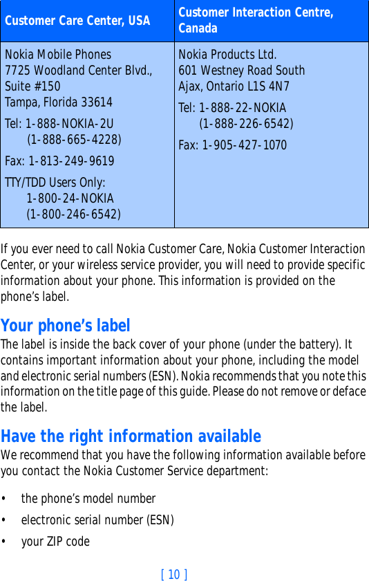 [ 10 ]If you ever need to call Nokia Customer Care, Nokia Customer Interaction Center, or your wireless service provider, you will need to provide specific information about your phone. This information is provided on the phone’s label.Your phone’s labelThe label is inside the back cover of your phone (under the battery). It contains important information about your phone, including the model and electronic serial numbers (ESN). Nokia recommends that you note this information on the title page of this guide. Please do not remove or deface the label. Have the right information availableWe recommend that you have the following information available before you contact the Nokia Customer Service department:• the phone’s model number • electronic serial number (ESN)• your ZIP codeCustomer Care Center, USA Customer Interaction Centre, CanadaNokia Mobile Phones7725 Woodland Center Blvd.,Suite #150Tampa, Florida 33614Tel: 1-888-NOKIA-2U   (1-888-665-4228)Fax: 1-813-249-9619TTY/TDD Users Only: 1-800-24-NOKIA(1-800-246-6542)Nokia Products Ltd.601 Westney Road SouthAjax, Ontario L1S 4N7Tel: 1-888-22-NOKIA(1-888-226-6542)Fax: 1-905-427-1070