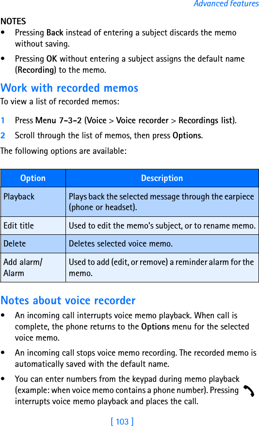 [ 103 ]Advanced featuresNOTES•Pressing Back instead of entering a subject discards the memo without saving.•Pressing OK without entering a subject assigns the default name (Recording) to the memo.Work with recorded memosTo view a list of recorded memos:1Press Menu 7-3-2 (Voice &gt; Voice recorder &gt; Recordings list).2Scroll through the list of memos, then press Options.The following options are available:Notes about voice recorder• An incoming call interrupts voice memo playback. When call is complete, the phone returns to the Options menu for the selected voice memo.• An incoming call stops voice memo recording. The recorded memo is automatically saved with the default name.• You can enter numbers from the keypad during memo playback (example: when voice memo contains a phone number). Pressing   interrupts voice memo playback and places the call.Option DescriptionPlayback Plays back the selected message through the earpiece (phone or headset).Edit title Used to edit the memo’s subject, or to rename memo.Delete Deletes selected voice memo.Add alarm/AlarmUsed to add (edit, or remove) a reminder alarm for the memo.