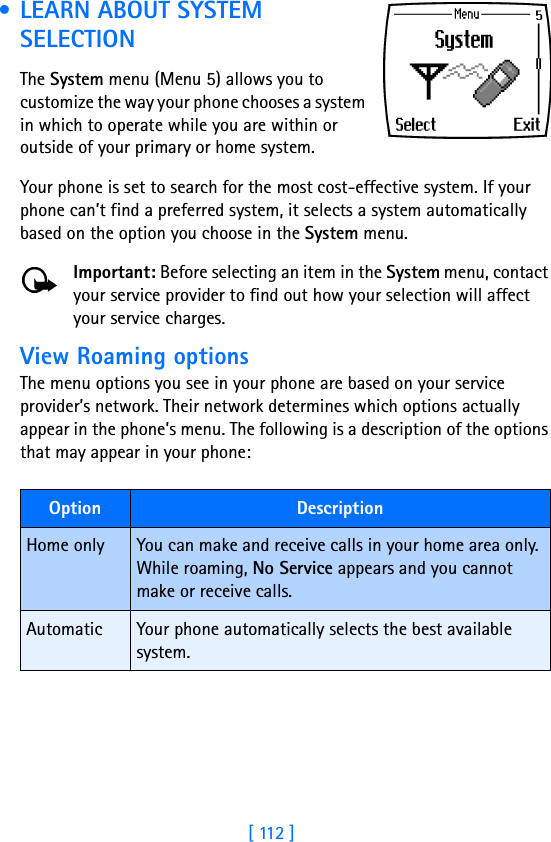 [ 112 ] • LEARN ABOUT SYSTEM SELECTIONThe System menu (Menu 5) allows you to customize the way your phone chooses a system in which to operate while you are within or outside of your primary or home system. Your phone is set to search for the most cost-effective system. If your phone can’t find a preferred system, it selects a system automatically based on the option you choose in the System menu.Important: Before selecting an item in the System menu, contact your service provider to find out how your selection will affect your service charges.View Roaming optionsThe menu options you see in your phone are based on your service provider’s network. Their network determines which options actually appear in the phone’s menu. The following is a description of the options that may appear in your phone:Option DescriptionHome only You can make and receive calls in your home area only. While roaming, No Service appears and you cannot make or receive calls.Automatic Your phone automatically selects the best available system.