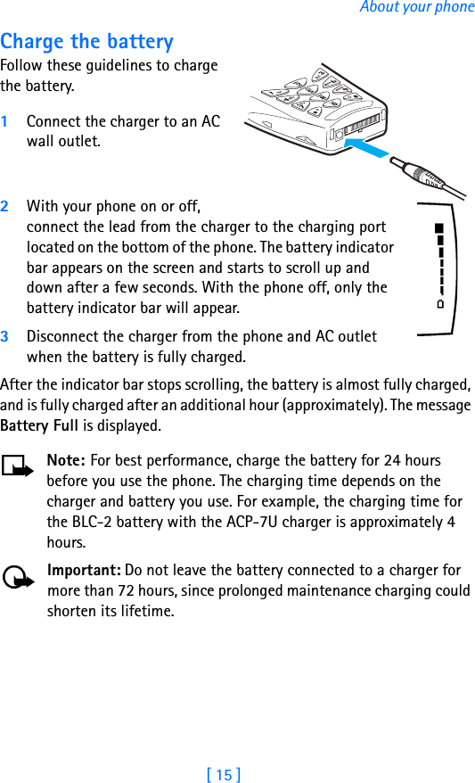 [ 15 ]About your phoneCharge the batteryFollow these guidelines to charge the battery.1Connect the charger to an AC wall outlet.2With your phone on or off, connect the lead from the charger to the charging port located on the bottom of the phone. The battery indicator bar appears on the screen and starts to scroll up and down after a few seconds. With the phone off, only the battery indicator bar will appear.3Disconnect the charger from the phone and AC outlet when the battery is fully charged.After the indicator bar stops scrolling, the battery is almost fully charged, and is fully charged after an additional hour (approximately). The message Battery Full is displayed.Note: For best performance, charge the battery for 24 hours before you use the phone. The charging time depends on the charger and battery you use. For example, the charging time for the BLC-2 battery with the ACP-7U charger is approximately 4 hours. Important: Do not leave the battery connected to a charger for more than 72 hours, since prolonged maintenance charging could shorten its lifetime.