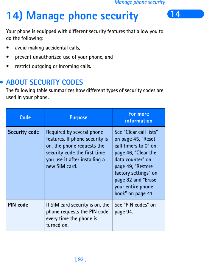 [ 93 ]Manage phone security1414) Manage phone securityYour phone is equipped with different security features that allow you to do the following:• avoid making accidental calls,• prevent unauthorized use of your phone, and • restrict outgoing or incoming calls.  • ABOUT SECURITY CODESThe following table summarizes how different types of security codes are used in your phone.Code Purpose For more informationSecurity code Required by several phone features. If phone security is on, the phone requests the security code the first time you use it after installing a new SIM card.See “Clear call lists” on page 45, “Reset call timers to 0” on page 46, “Clear the data counter” on page 49, “Restore factory settings” on page 82 and “Erase your entire phone book” on page 41.PIN code If SIM card security is on, the phone requests the PIN code every time the phone is turned on.See “PIN codes” on page 94.