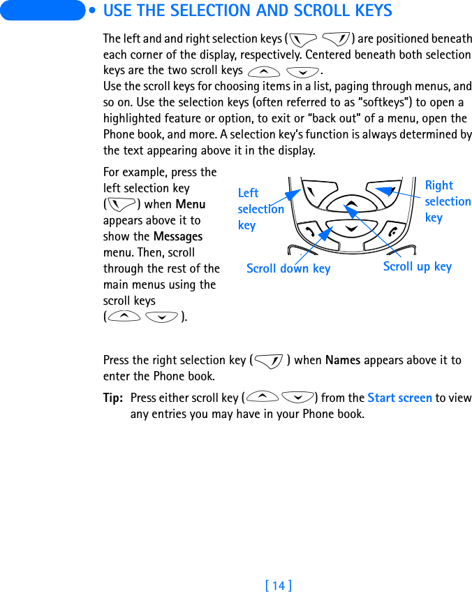 [ 14 ]  • USE THE SELECTION AND SCROLL KEYSThe left and and right selection keys (   ) are positioned beneath each corner of the display, respectively. Centered beneath both selection keys are the two scroll keys    .Use the scroll keys for choosing items in a list, paging through menus, and so on. Use the selection keys (often referred to as “softkeys”) to open a highlighted feature or option, to exit or “back out” of a menu, open the Phone book, and more. A selection key’s function is always determined by the text appearing above it in the display.For example, press the left selection key () when Menu appears above it to show the Messages menu. Then, scroll through the rest of the main menus using the scroll keys ().Press the right selection key ( ) when Names appears above it to enter the Phone book.Tip: Press either scroll key ( ) from the Start screen to view any entries you may have in your Phone book. Right selection keyScroll up keyScroll down keyLeft selection key