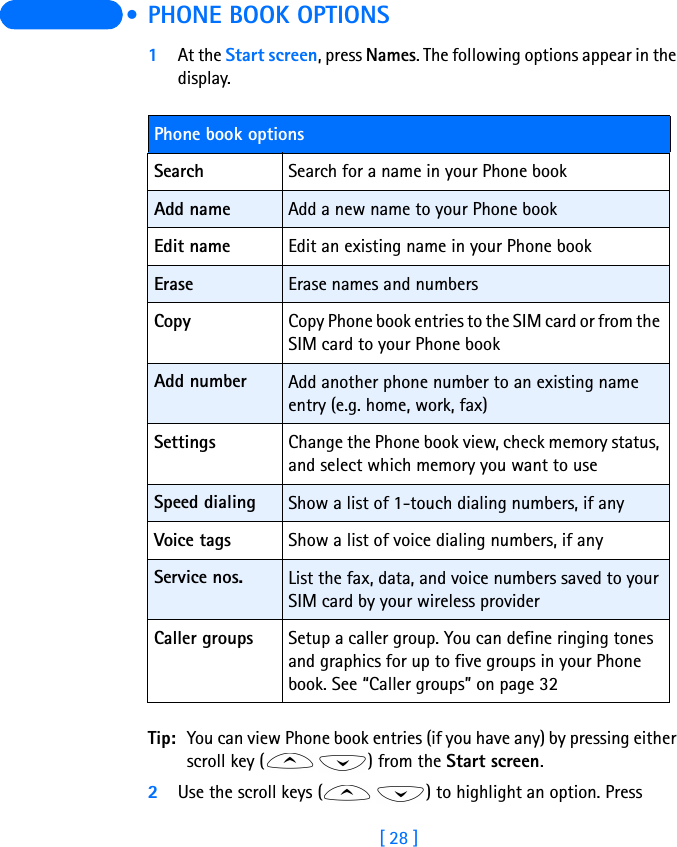 [ 28 ]  • PHONE BOOK OPTIONS1At the Start screen, press Names. The following options appear in the display.Tip: You can view Phone book entries (if you have any) by pressing either scroll key ( ) from the Start screen.2Use the scroll keys ( ) to highlight an option. Press Phone book optionsSearch Search for a name in your Phone bookAdd name Add a new name to your Phone bookEdit name Edit an existing name in your Phone bookErase Erase names and numbersCopy Copy Phone book entries to the SIM card or from the SIM card to your Phone bookAdd number Add another phone number to an existing name entry (e.g. home, work, fax)Settings Change the Phone book view, check memory status, and select which memory you want to useSpeed dialing Show a list of 1-touch dialing numbers, if anyVoice tags Show a list of voice dialing numbers, if anyService nos. List the fax, data, and voice numbers saved to your SIM card by your wireless providerCaller groups Setup a caller group. You can define ringing tones and graphics for up to five groups in your Phone book. See “Caller groups” on page 32