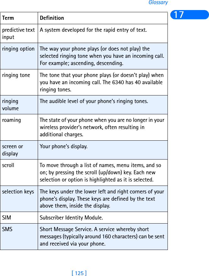 [ 125 ]Glossary17predictive text inputA system developed for the rapid entry of text.ringing option The way your phone plays (or does not play) the selected ringing tone when you have an incoming call. For example; ascending, descending.ringing tone The tone that your phone plays (or doesn’t play) when you have an incoming call. The 6340 has 40 available ringing tones.ringing volumeThe audible level of your phone’s ringing tones.roaming The state of your phone when you are no longer in your wireless provider’s network, often resulting in additional charges.screen or displayYour phone’s display.scroll To move through a list of names, menu items, and so on; by pressing the scroll (up/down) key. Each new selection or option is highlighted as it is selected.selection keys The keys under the lower left and right corners of your phone’s display. These keys are defined by the text above them, inside the display.SIM Subscriber Identity Module.SMS Short Message Service. A service whereby short messages (typically around 160 characters) can be sent and received via your phone.Term Definition