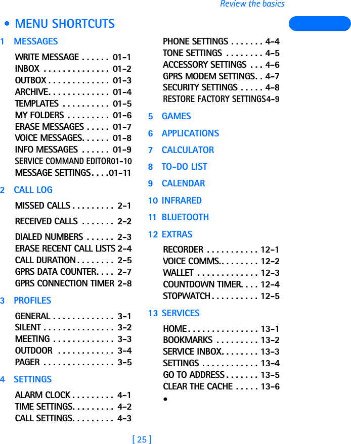 [ 25 ]Review the basics • MENU SHORTCUTS1 MESSAGESWRITE MESSAGE . . . . . .  01-1INBOX  . . . . . . . . . . . . . .  01-2OUTBOX . . . . . . . . . . . . .  01-3ARCHIVE. . . . . . . . . . . . .  01-4TEMPLATES  . . . . . . . . . .  01-5MY FOLDERS  . . . . . . . . .  01-6ERASE MESSAGES . . . . .  01-7VOICE MESSAGES. . . . . .  01-8INFO MESSAGES  . . . . . .  01-9SERVICE COMMAND EDITOR01-10MESSAGE SETTINGS. . . .01-112 CALL LOGMISSED CALLS . . . . . . . . .  2-1RECEIVED CALLS  . . . . . . .  2-2DIALED NUMBERS  . . . . . .  2-3ERASE RECENT CALL LISTS 2-4CALL DURATION . . . . . . . .  2-5GPRS DATA COUNTER. . . .  2-7GPRS CONNECTION TIMER 2-83PROFILESGENERAL . . . . . . . . . . . . .  3-1SILENT . . . . . . . . . . . . . . .  3-2MEETING . . . . . . . . . . . . .  3-3OUTDOOR  . . . . . . . . . . . .  3-4PAGER  . . . . . . . . . . . . . . .  3-54 SETTINGSALARM CLOCK . . . . . . . . .  4-1TIME SETTINGS. . . . . . . . .  4-2CALL SETTINGS. . . . . . . . .  4-3PHONE SETTINGS . . . . . . . 4-4TONE SETTINGS  . . . . . . . . 4-5ACCESSORY SETTINGS  . . . 4-6GPRS MODEM SETTINGS. . 4-7SECURITY SETTINGS . . . . . 4-8RESTORE FACTORY SETTINGS4-95 GAMES6APPLICATIONS7CALCULATOR8TO-DO LIST9CALENDAR10 INFRARED11 BL U ETO OTH12 EXTRASRECORDER . . . . . . . . . . . 12-1VOICE COMMS.. . . . . . . . 12-2WALLET  . . . . . . . . . . . . . 12-3COUNTDOWN TIMER. . . . 12-4STOPWATCH . . . . . . . . . . 12-513 SERVICESHOME. . . . . . . . . . . . . . . 13-1BOOKMARKS  . . . . . . . . . 13-2SERVICE INBOX. . . . . . . . 13-3SETTINGS . . . . . . . . . . . . 13-4GO TO ADDRESS . . . . . . . 13-5CLEAR THE CACHE . . . . . 13-6•