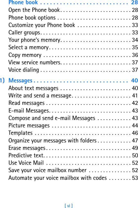 [ vi ]Phone book . . . . . . . . . . . . . . . . . . . . . . . . . . .  28Open the Phone book . . . . . . . . . . . . . . . . . . . . . . . . . 28Phone book options . . . . . . . . . . . . . . . . . . . . . . . . . . 28Customize your Phone book  . . . . . . . . . . . . . . . . . . . 33Caller groups . . . . . . . . . . . . . . . . . . . . . . . . . . . . . . . . 33Your phone’s memory. . . . . . . . . . . . . . . . . . . . . . . . . 34Select a memory. . . . . . . . . . . . . . . . . . . . . . . . . . . . . 35Copy memory . . . . . . . . . . . . . . . . . . . . . . . . . . . . . . . 36View service numbers. . . . . . . . . . . . . . . . . . . . . . . . . 37Voice dialing . . . . . . . . . . . . . . . . . . . . . . . . . . . . . . . . 371) Messages . . . . . . . . . . . . . . . . . . . . . . . . . . . . .  40About text messages . . . . . . . . . . . . . . . . . . . . . . . . . 40Write and send a message. . . . . . . . . . . . . . . . . . . . . 41Read messages . . . . . . . . . . . . . . . . . . . . . . . . . . . . . . 42E-mail Messages. . . . . . . . . . . . . . . . . . . . . . . . . . . . . 43Compose and send e-mail Messages  . . . . . . . . . . . . 43Picture messages  . . . . . . . . . . . . . . . . . . . . . . . . . . . . 44Templates  . . . . . . . . . . . . . . . . . . . . . . . . . . . . . . . . . . 46Organize your messages with folders . . . . . . . . . . . . 47Erase messages . . . . . . . . . . . . . . . . . . . . . . . . . . . . . . 49Predictive text. . . . . . . . . . . . . . . . . . . . . . . . . . . . . . . 50Use Voice Mail  . . . . . . . . . . . . . . . . . . . . . . . . . . . . . . 52Save your voice mailbox number  . . . . . . . . . . . . . . . 52Automate your voice mailbox with codes  . . . . . . . . 53