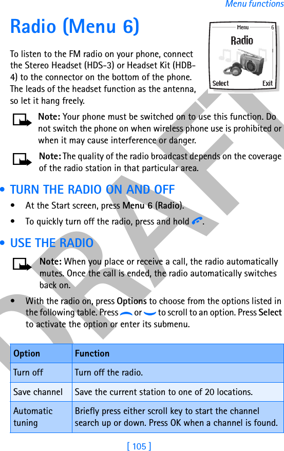 DRAFT[ 105 ]Menu functionsRadio (Menu 6)To listen to the FM radio on your phone, connect the Stereo Headset (HDS-3) or Headset Kit (HDB-4) to the connector on the bottom of the phone. The leads of the headset function as the antenna, so let it hang freely.Note: Your phone must be switched on to use this function. Do not switch the phone on when wireless phone use is prohibited or when it may cause interference or danger.Note: The quality of the radio broadcast depends on the coverage of the radio station in that particular area. • TURN THE RADIO ON AND OFF• At the Start screen, press Menu 6 (Radio). • To quickly turn off the radio, press and hold i. • USE THE RADIONote: When you place or receive a call, the radio automatically mutes. Once the call is ended, the radio automatically switches back on.• With the radio on, press Options to choose from the options listed in the following table. Press d or g to scroll to an option. Press Select to activate the option or enter its submenu.Option FunctionTurn off Turn off the radio.Save channel Save the current station to one of 20 locations.Automatic tuningBriefly press either scroll key to start the channel search up or down. Press OK when a channel is found.