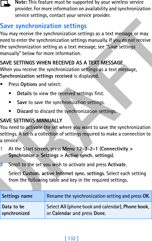 DRAFT[ 132 ]Note: This feature must be supported by your wireless service provider. For more information on availability and synchronization service settings, contact your service provider.Save synchronization settingsYou may receive the synchronization settings as a text message or may need to enter the synchronization settings manually. If you do not receive the synchronization setting as a text message, see “Save settings manually” below for more information. SAVE SETTINGS WHEN RECEIVED AS A TEXT MESSAGEWhen you receive the synchronization settings as a text message, Synchronization settings received is displayed.•Press Options and select:•Details to view the received settings first.•Save to save the synchronization settings.•Discard to discard the synchronization settings.SAVE SETTINGS MANUALLYYou need to activate the set where you want to save the synchronization settings. A set is a collection of settings required to make a connection to a service.1At the Start screen, press Menu 12-3-2-1 (Connectivity &gt; Synchronize &gt; Settings &gt; Active synch. settings).2Scroll to the set you wish to activate and press Activate.Select Custom. active Internet sync. settings. Select each setting from the following table and key in the required settings.Settings name Rename the synchronization setting and press OK.Data to be synchronizedSelect All (phone book and calendar), Phone book, or Calendar and press Done.