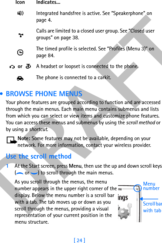DRAFT[ 24 ] • BROWSE PHONE MENUSYour phone features are grouped according to function and are accessed through the main menus. Each main menu contains submenus and lists from which you can select or view items and customize phone features. You can access these menus and submenus by using the scroll method or by using a shortcut.Note: Some features may not be available, depending on your network. For more information, contact your wireless provider.Use the scroll method1At the Start screen, press Menu, then use the up and down scroll keys(d or g) to scroll through the main menus.As you scroll through the menus, the menu number appears in the upper right corner of the display. Below the menu number is a scroll bar with a tab. The tab moves up or down as you scroll through the menus, providing a visual representation of your current position in the menu structure.Integrated handsfree is active. See “Speakerphone” on page 4.Calls are limited to a closed user group. See “Closed user groups” on page 38.The timed profile is selected. See “Profiles (Menu 3)” on page 84. or  A headset or loopset is connected to the phone.The phone is connected to a carkit.Icon Indicates...Menunumber Scroll barwith tab