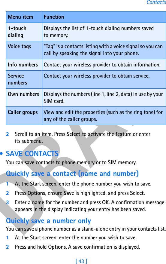 DRAFT[ 43 ]Contacts2Scroll to an item. Press Select to activate the feature or enter its submenu. • SAVE CONTACTSYou can save contacts to phone memory or to SIM memory.Quickly save a contact (name and number)1At the Start screen, enter the phone number you wish to save.2Press Options, ensure Save is highlighted, and press Select.3Enter a name for the number and press OK. A confirmation message appears in the display indicating your entry has been saved.Quickly save a number onlyYou can save a phone number as a stand-alone entry in your contacts list.1At the Start screen, enter the number you wish to save.2Press and hold Options. A save confirmation is displayed. 1-touch dialingDisplays the list of 1-touch dialing numbers saved to memory.Voice tags “Tag” is a contacts listing with a voice signal so you can call by speaking the signal into your phone.Info numbers Contact your wireless provider to obtain information.Service numbersContact your wireless provider to obtain service.Own numbers Displays the numbers (line 1, line 2, data) in use by your SIM card.Caller groups View and edit the properties (such as the ring tone) for any of the caller groups.Menu item Function