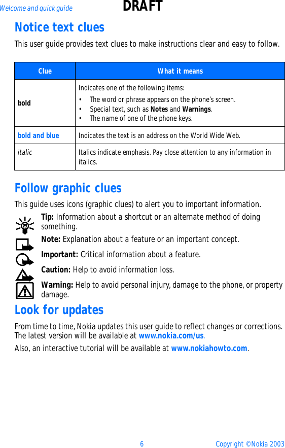 6 Copyright © Nokia 2003Welcome and quick guide DRAFTNotice text cluesThis user guide provides text clues to make instructions clear and easy to follow. Follow graphic cluesThis guide uses icons (graphic clues) to alert you to important information.Tip: Information about a shortcut or an alternate method of doing something.Note: Explanation about a feature or an important concept.Important: Critical information about a feature.Caution: Help to avoid information loss.Warning: Help to avoid personal injury, damage to the phone, or property damage.Look for updatesFrom time to time, Nokia updates this user guide to reflect changes or corrections. The latest version will be available at www.nokia.com/us.Also, an interactive tutorial will be available at www.nokiahowto.com.Clue What it meansboldIndicates one of the following items:• The word or phrase appears on the phone’s screen.• Special text, such as Notes and Warnings.• The name of one of the phone keys.bold and blue Indicates the text is an address on the World Wide Web.italic Italics indicate emphasis. Pay close attention to any information in italics. 