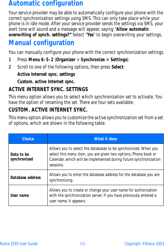 Nokia 3595 User Guide ýþý Copyright © Nokia 2003Automatic configurationYour service provider may be able to automatically configure your phone with the correct synchronization settings using SMS. This can only take place while your phone is in idle mode. After your service provider sends the settings via SMS, your alert tone will sound and a message will appear, saying “Allow automatic overwriting of synch. settings?” Select “Yes” to begin overwriting your settings. Manual configurationYou can manually configure your phone with the correct synchronization settings.1Press Menu 6-5-2 (Organizer &gt; Synchronize &gt; Settings).2Scroll to one of the following options, then press Select:Active Internet sync. settingsCustom. active Internet sync.ACTIVE INTERNET SYNC. SETTINGSThis menu option allows you to select which synchronization set to activate. You have the option of renaming the set. There are four sets available. CUSTOM. ACTIVE INTERNET SYNC.This menu option allows you to customize the active synchronization set from a set of options, which are shown in the following table.Choice  What it doesData to be synchronizedAllows you to select the databases to be synchronized. When you select this menu item, you are given two options, Phone book or Calendar, which will be implemented during future synchronization sessions.Database address Allows you to enter the database address for the database you are synchronizing.User name Allows you to create or change your user name for authorization with the synchronization server. If you have previously entered a user name, it appears.