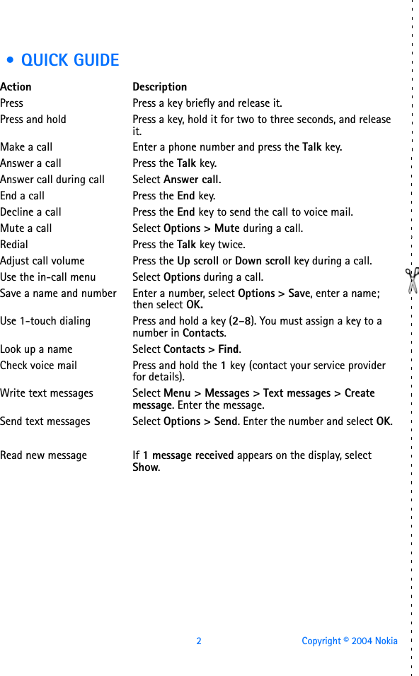 2 Copyright © 2004 Nokia • QUICK GUIDEAction DescriptionPress Press a key briefly and release it.Press and hold Press a key, hold it for two to three seconds, and release it.Make a call Enter a phone number and press the Talk key.Answer a call Press the Talk key.Answer call during call Select Answer call.End a call Press the End key.Decline a call Press the End key to send the call to voice mail.Mute a call Select Options &gt; Mute during a call.Redial Press the Talk key twice.Adjust call volume Press the Up scroll or Down scroll key during a call.Use the in-call menu Select Options during a call.Save a name and number Enter a number, select Options &gt; Save, enter a name; then select OK.Use 1-touch dialing Press and hold a key (2–8). You must assign a key to a number in Contacts.Look up a name Select Contacts &gt; Find.Check voice mail Press and hold the 1 key (contact your service provider for details).Write text messages Select Menu &gt; Messages &gt; Text messages &gt; Create message. Enter the message.Send text messages Select Options &gt; Send. Enter the number and select OK.Read new message If 1 message received appears on the display, select Show.