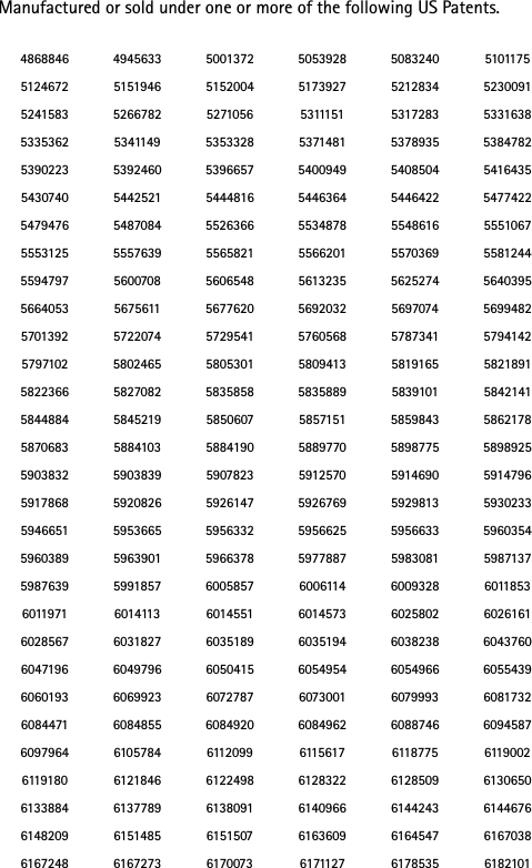 Manufactured or sold under one or more of the following US Patents.      4868846 4945633 5001372 5053928 5083240 51011755124672 5151946 5152004 5173927 5212834 52300915241583 5266782 5271056 5311151 5317283 53316385335362 5341149 5353328 5371481 5378935 53847825390223 5392460 5396657 5400949 5408504 54164355430740 5442521 5444816 5446364 5446422 54774225479476 5487084 5526366 5534878 5548616 55510675553125 5557639 5565821 5566201 5570369 55812445594797 5600708 5606548 5613235 5625274 56403955664053 5675611 5677620 5692032 5697074 56994825701392 5722074 5729541 5760568 5787341 57941425797102 5802465 5805301 5809413 5819165 58218915822366 5827082 5835858 5835889 5839101 58421415844884 5845219 5850607 5857151 5859843 58621785870683 5884103 5884190 5889770 5898775 58989255903832 5903839 5907823 5912570 5914690 59147965917868 5920826 5926147 5926769 5929813 59302335946651 5953665 5956332 5956625 5956633 59603545960389 5963901 5966378 5977887 5983081 59871375987639 5991857 6005857 6006114 6009328 60118536011971 6014113 6014551 6014573 6025802 60261616028567 6031827 6035189 6035194 6038238 60437606047196 6049796 6050415 6054954 6054966 60554396060193 6069923 6072787 6073001 6079993 60817326084471 6084855 6084920 6084962 6088746 60945876097964 6105784 6112099 6115617 6118775 61190026119180 6121846 6122498 6128322 6128509 61306506133884 6137789 6138091 6140966 6144243 61446766148209 6151485 6151507 6163609 6164547 61670386167248 6167273 6170073 6171127 6178535 6182101