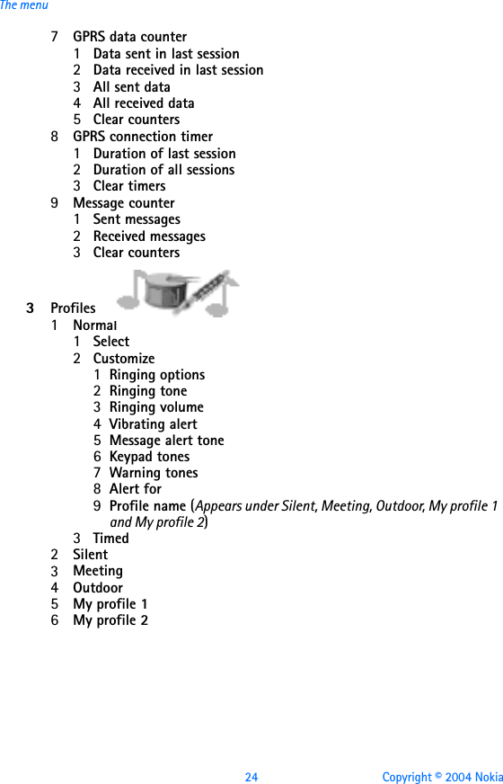 24 Copyright © 2004 NokiaThe menu7GPRS data counter1Data sent in last session2Data received in last session3All sent data4All received data5Clear counters8GPRS connection timer1Duration of last session 2Duration of all sessions3Clear timers9Message counter1Sent messages2Received messages3Clear counters3Profiles1Normal 1Select 2Customize1Ringing options2Ringing tone3Ringing volume4Vibrating alert5Message alert tone6Keypad tones7Warning tones8Alert for 9Profile name (Appears under Silent, Meeting, Outdoor, My profile 1 and My profile 2)3Timed2Silent 3Meeting4Outdoor5My profile 16My profile 2