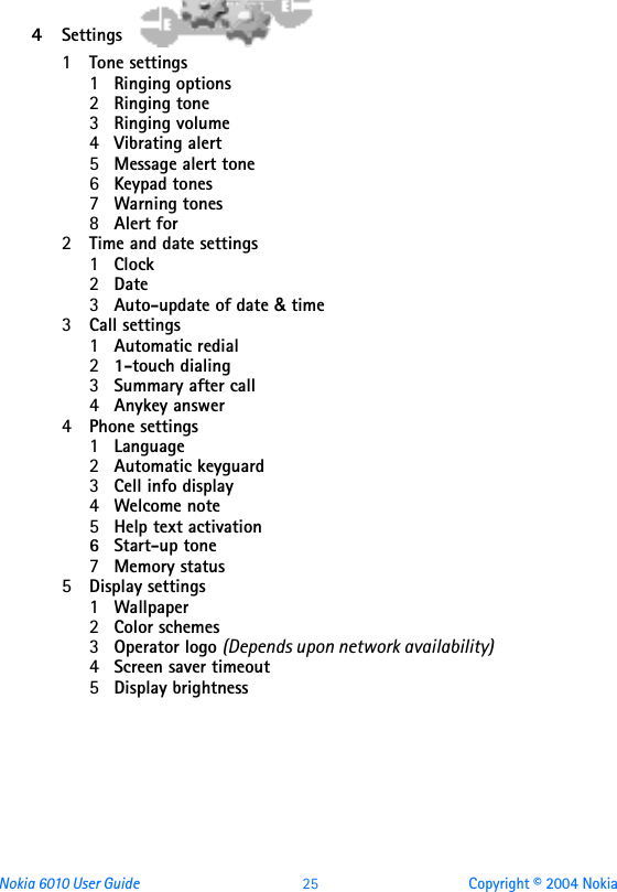 Nokia 6010 User Guide  25 Copyright © 2004 Nokia4Settings1Tone settings1Ringing options2Ringing tone3Ringing volume4Vibrating alert5Message alert tone6Keypad tones7Warning tones8Alert for2Time and date settings1Clock2Date3Auto-update of date &amp; time3Call settings1Automatic redial21-touch dialing 3Summary after call4Anykey answer4Phone settings1Language2Automatic keyguard3Cell info display4Welcome note5Help text activation6 Start-up tone7Memory status5Display settings1Wallpaper2Color schemes3Operator logo (Depends upon network availability)4Screen saver timeout5Display brightness