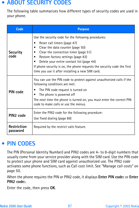 Nokia 3595 User Guide  87 Copyright © 2003 Nokia • ABOUT SECURITY CODESThe following table summarizes how different types of security codes are used in your phone. • PIN CODESThe PIN (Personal Identity Number) and PIN2 codes are 4- to 8-digit numbers that usually come from your service provider along with the SIM card. Use the PIN code to protect your phone and SIM card against unauthorized use. The PIN2 code activates some phone functions, such as Call cost limit. See “Manage call costs” on page50. When the phone requires the PIN or PIN2 code, it displays Enter PIN code: or Enter PIN2 code:. Enter the code, then press OK.Code PurposeSecurity codeUse the security code for the following procedures:•Reset call timers (page47)•Clear the data counter (page50)•Clear the connection timer (page51)•Restore factory settings (page83)•Delete your entire contact list (page44)If phone security is on, the phone requests the security code the first time you use it after installing a new SIM card.PIN codeYou can use the PIN code to protect against unauthorized calls if the following conditions are met:•The PIN code request is turned on•The phone is powered offThe next time the phone is turned on, you must enter the correct PIN code to make calls or use the menus.PIN2 code Enter the PIN2 code for the following procedure:Use fixed dialing (page89)Restriction passwordRequired by the restrict calls feature.