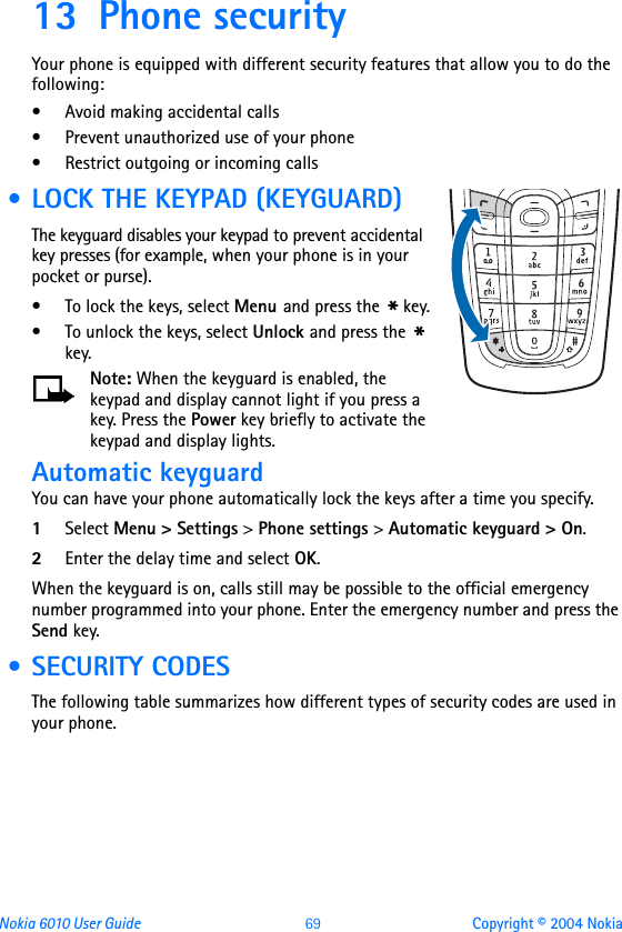 Nokia 6010 User Guide  69 Copyright © 2004 Nokia13 Phone securityYour phone is equipped with different security features that allow you to do the following:• Avoid making accidental calls• Prevent unauthorized use of your phone• Restrict outgoing or incoming calls • LOCK THE KEYPAD (KEYGUARD)The keyguard disables your keypad to prevent accidental key presses (for example, when your phone is in your pocket or purse).• To lock the keys, select Menu and press the * key.• To unlock the keys, select Unlock and press the * key.Note: When the keyguard is enabled, the keypad and display cannot light if you press a key. Press the Power key briefly to activate the keypad and display lights.Automatic keyguardYou can have your phone automatically lock the keys after a time you specify.1Select Menu &gt; Settings &gt; Phone settings &gt; Automatic keyguard &gt; On.2Enter the delay time and select OK.When the keyguard is on, calls still may be possible to the official emergency number programmed into your phone. Enter the emergency number and press the Send key. • SECURITY CODESThe following table summarizes how different types of security codes are used in your phone.
