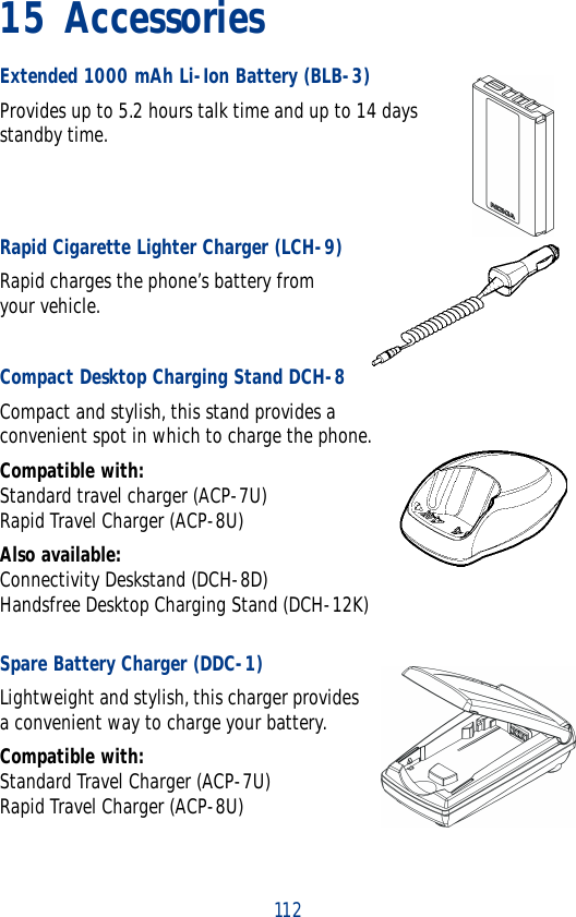 11215 AccessoriesExtended 1000 mAh Li-Ion Battery (BLB-3)Provides up to 5.2 hours talk time and up to 14 days standby time.Rapid Cigarette Lighter Charger (LCH-9)Rapid charges the phone’s battery from your vehicle.Compact Desktop Charging Stand DCH-8Compact and stylish, this stand provides a convenient spot in which to charge the phone.Compatible with:Standard travel charger (ACP-7U)Rapid Travel Charger (ACP-8U)Also available:Connectivity Deskstand (DCH-8D)Handsfree Desktop Charging Stand (DCH-12K)Spare Battery Charger (DDC-1)Lightweight and stylish, this charger provides a convenient way to charge your battery.Compatible with: Standard Travel Charger (ACP-7U)Rapid Travel Charger (ACP-8U)